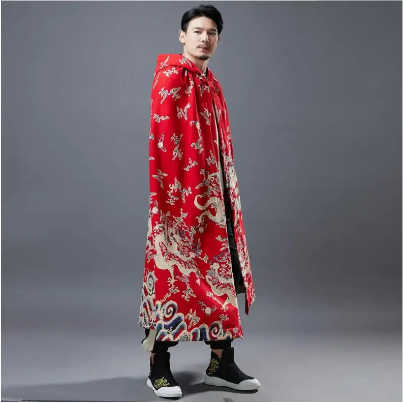 Oriental Dragon printed Plush Cape spring  Autumn Chinese style clothing  Hemp cotton Cloack ancient costume for Overseas Asian