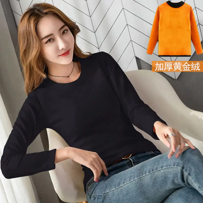 

Winter Thermal Underwear Women Thickened Autumn Long Sleeve Velvet Tops Mid-high Collar Round Neck Bottoming Shirt