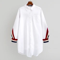 Oumengka-camisa das mulheres, branco, solto, botão para cima, listra, com gola, manga longa, tecido, top para senhoras, 2024