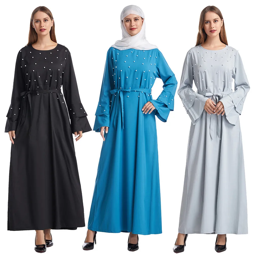 

Pearl Beaded Abayas Muslim Women Dress Kaftan Dubai Turkey Caftan Islamic Clothing Ramadan Eid Mubarak Djellaba Femme Gown Robe