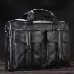 Maletín de cuero genuino de lujo para hombre, bolsa de negocios de cuero para ordenador portátil de 15,6 pulgadas, maletín de oficina, portafolio para hombre, color negro