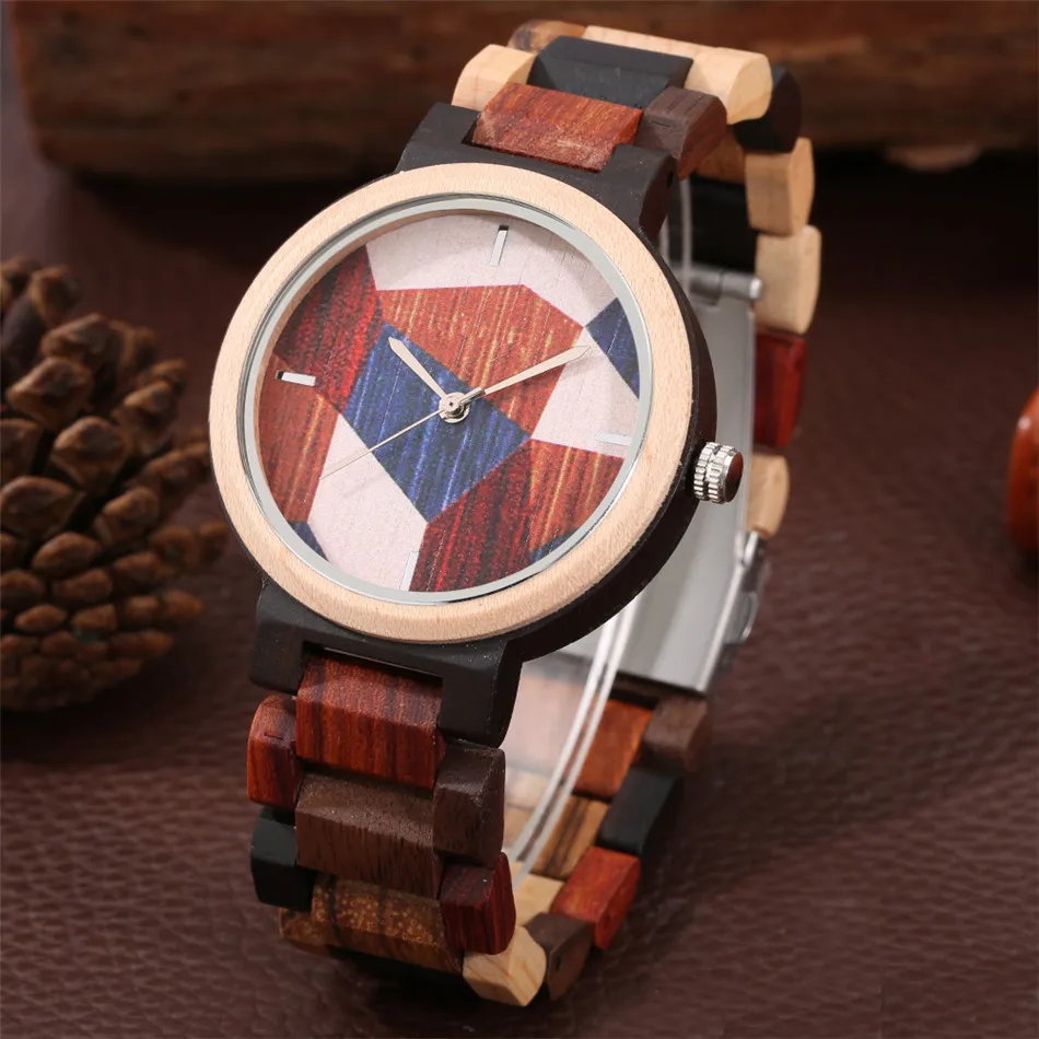 Mixed-colored Full Wooden Men Watch Chic Irregular Pattern Round Dial Quartz Watch Mens Wood Bangle Wristwatch Folding Clasp