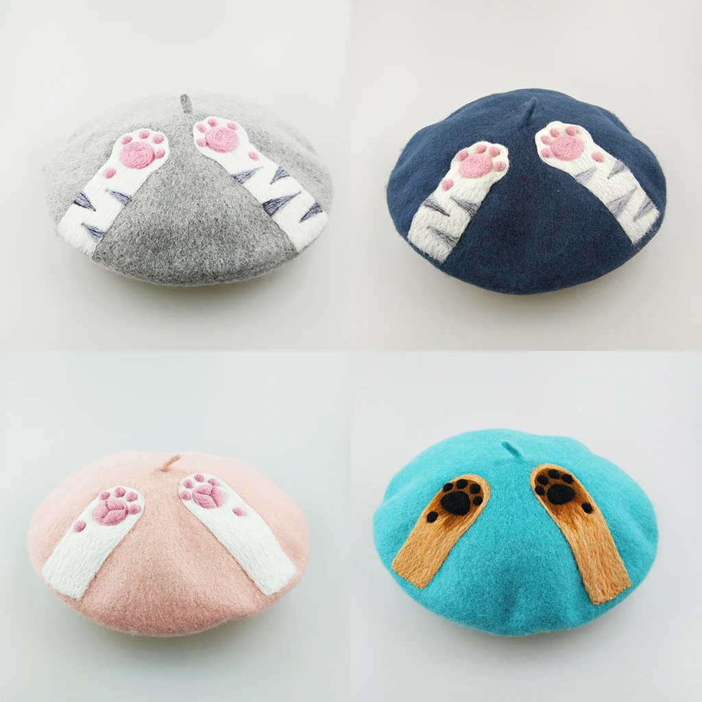 R&W Women Kids Teenagers Cute Hand-made Berets Cat Scratching Brand New Arrival Lovely Autumn Winter Round Hats Beret Manual