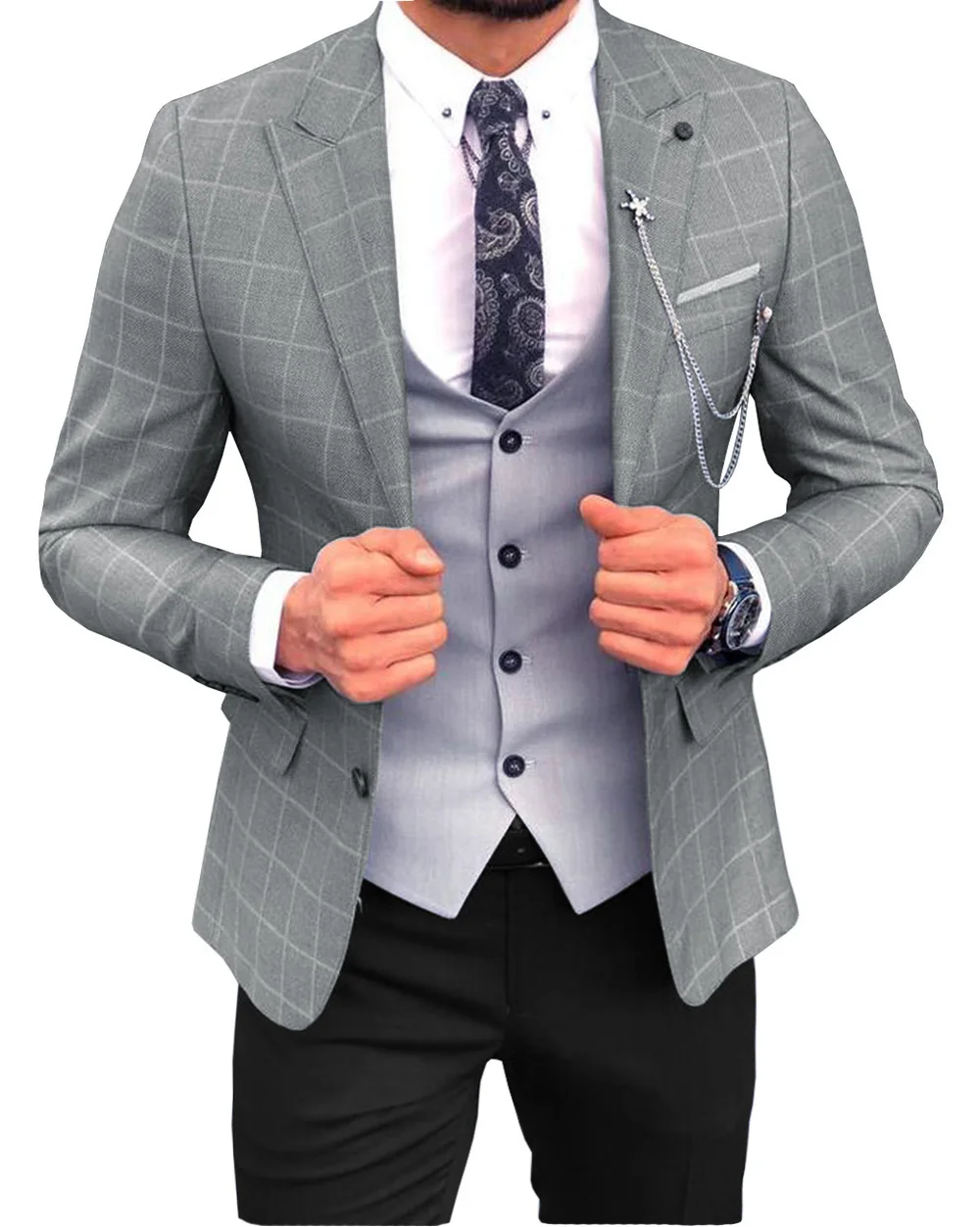 

New Casual Men's Suits Regular Fit Prom Tuxedos Plaid Wool 3 Piece Solid Notch Lapel Suit for Wedding Grooms(Blazer+vest+Pants)