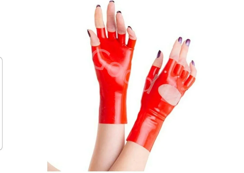 Guantes cortos unisex de látex rojo de goma hechos a mano, guantes rojos para cosplay fetiche de dedos