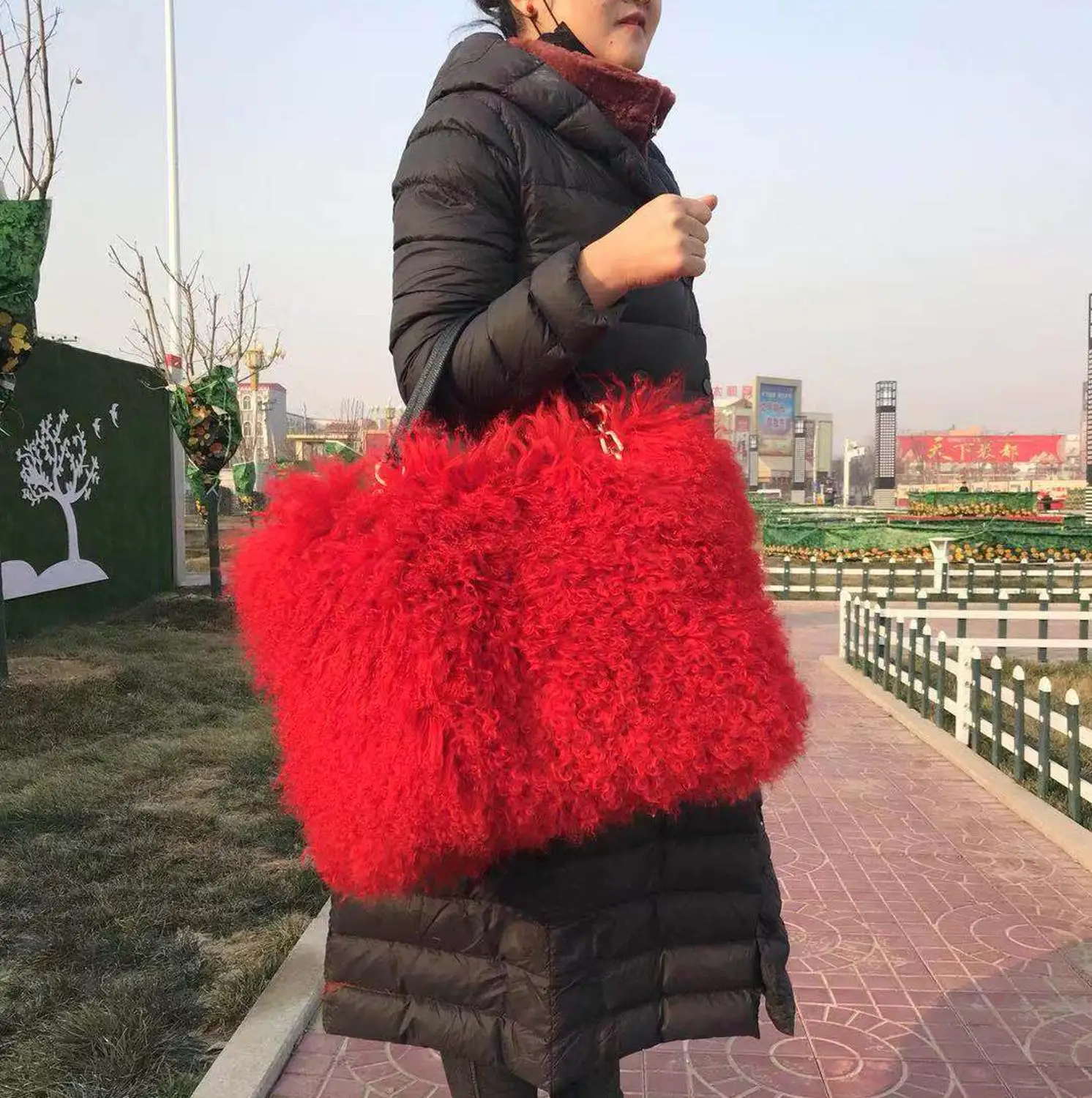 Women style tibetan sheep fur handbag real Mongolian fur shoulder bags for women