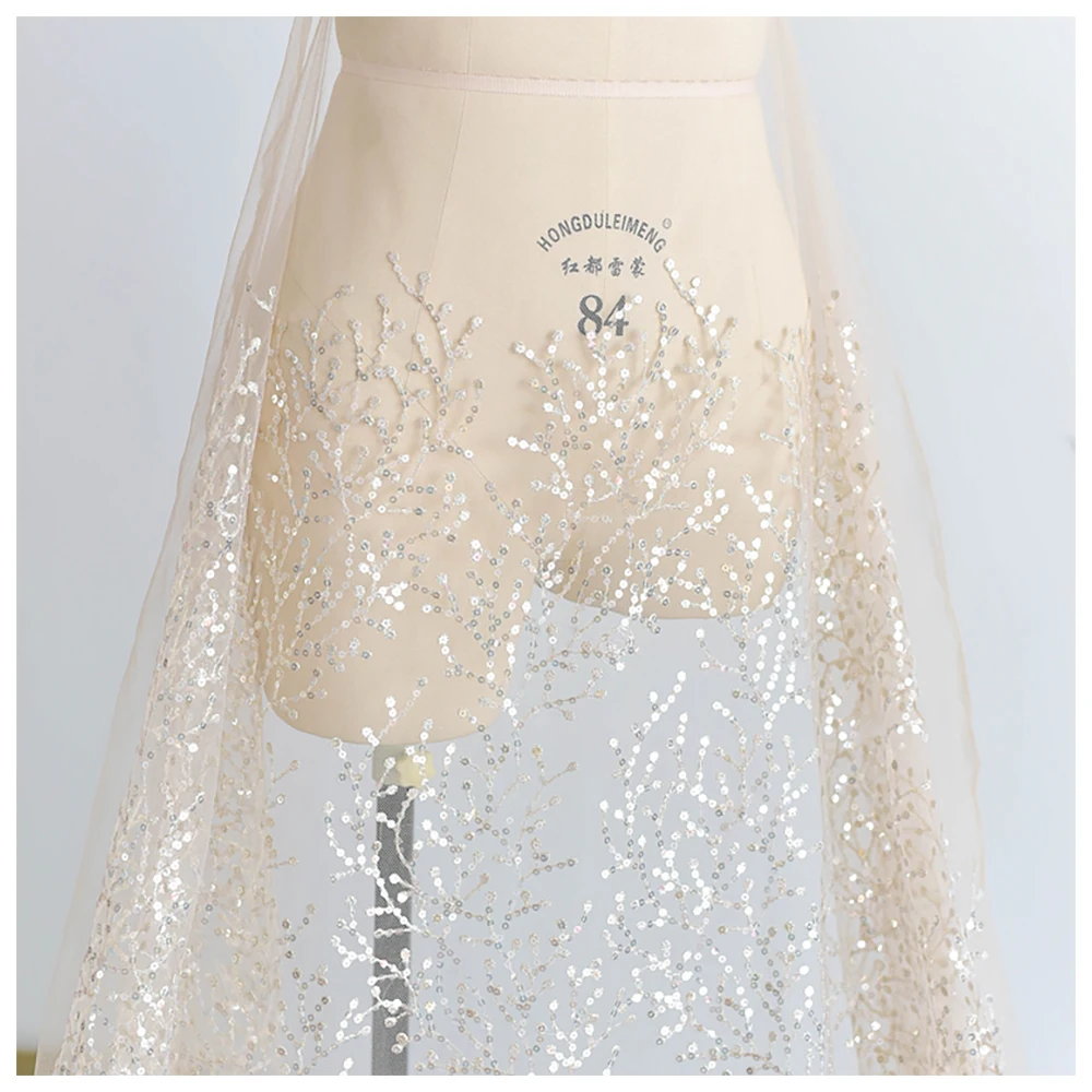 Tulle Lace Fabric 1 Meter Ivory Mesh Light Champagne Sequins Embroidered Bridal Wedding Dress Skirt Sewing 130CM 51\