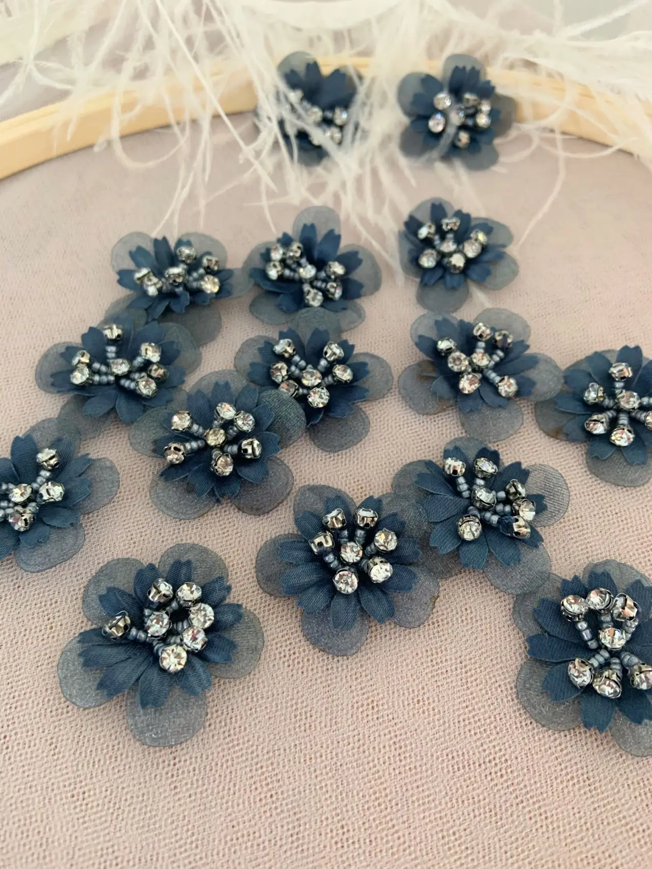 5 Pieces Navy Blue Flowers Applique,Handmade 3D Beaded Floral Organza Patch for Clothes,Wedding Dress Sewing Zakka