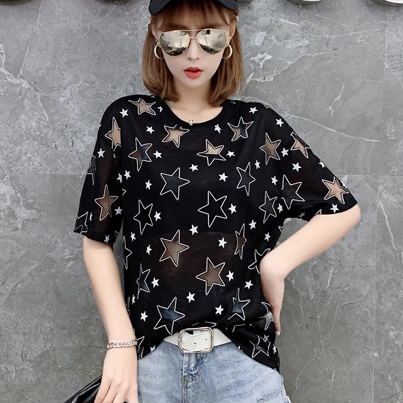 

Oversized 4XL Star Printed Women Black T-Shirts Summer New Design 2024 See Through Hollow Out Female Pulls Outwear Tops Tees