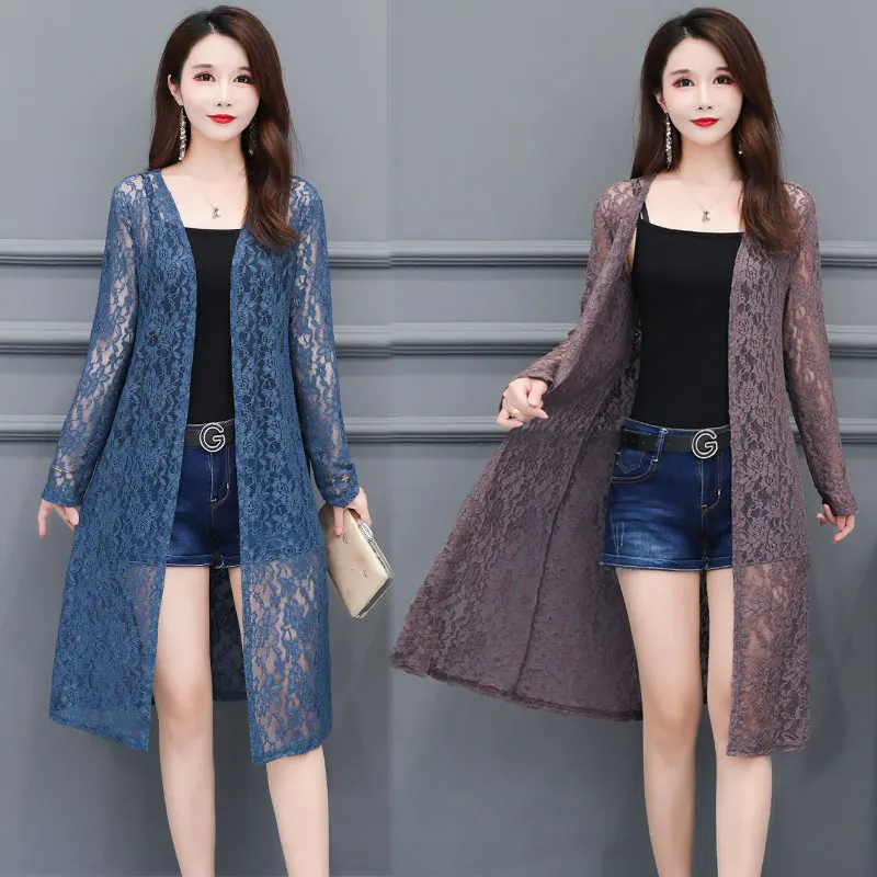 Lace Shawl Tops Women Coat Summer Thin Sun Protection Clothing Femme Loose Female Jacket Mid-Length Cardigan Ladies H1316