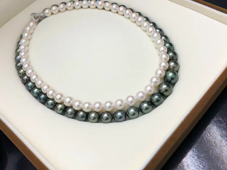 

Elegant 2row 7-10mm South Sea White Black Pearl Necklace 18"-19"