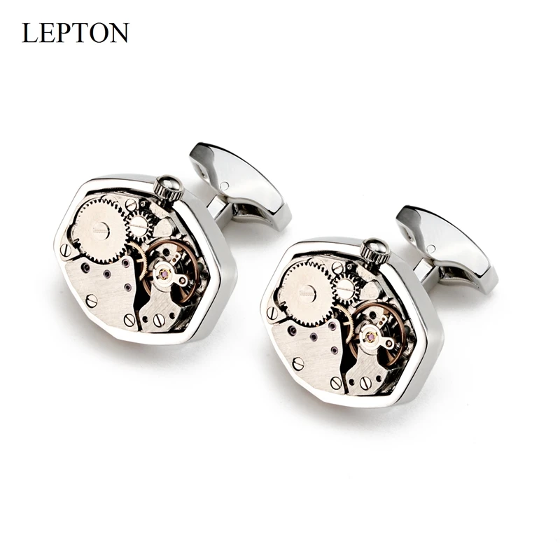 Lepton Steampunk Gear Watch Mechanism Cufflinks For Men geometry Silver Color Non-Functional Watch Movement Cuff links for Mens