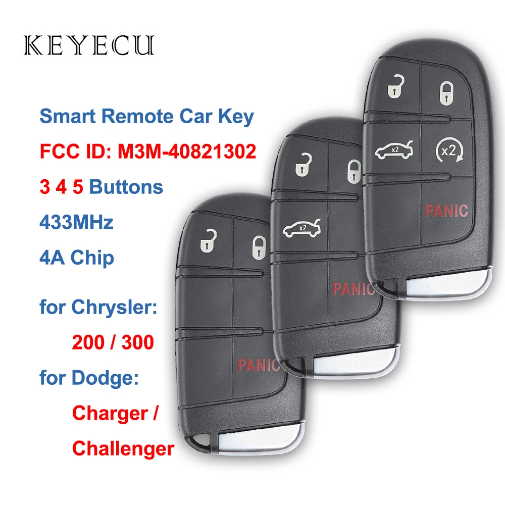 Keyecu Smart Remote Car Key Fob 3 4 5 Buttons 433MHz 4A Chip for Chrysler 200 300 for Dodge Charger Challenger FCC: M3M-40821302