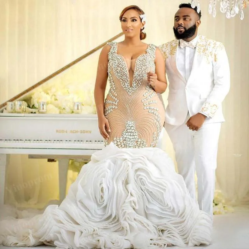 Customize Beading Wedding Plus Size Women African Crystals Vestidos De Novia Middle East Mermaid Bridal Dress Ruched Train