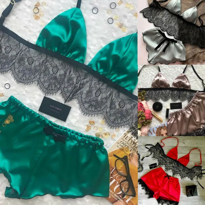 Lingerie sexy de cetim de seda para mulheres, pijamas crop tops, conjuntos bralette e calcinha, macio para meninas, cuecas, terno de renda