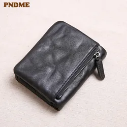 PNDME genuine leather men's short small wallet fashion vintage natural real cowhide card holder women wallet student coin purse