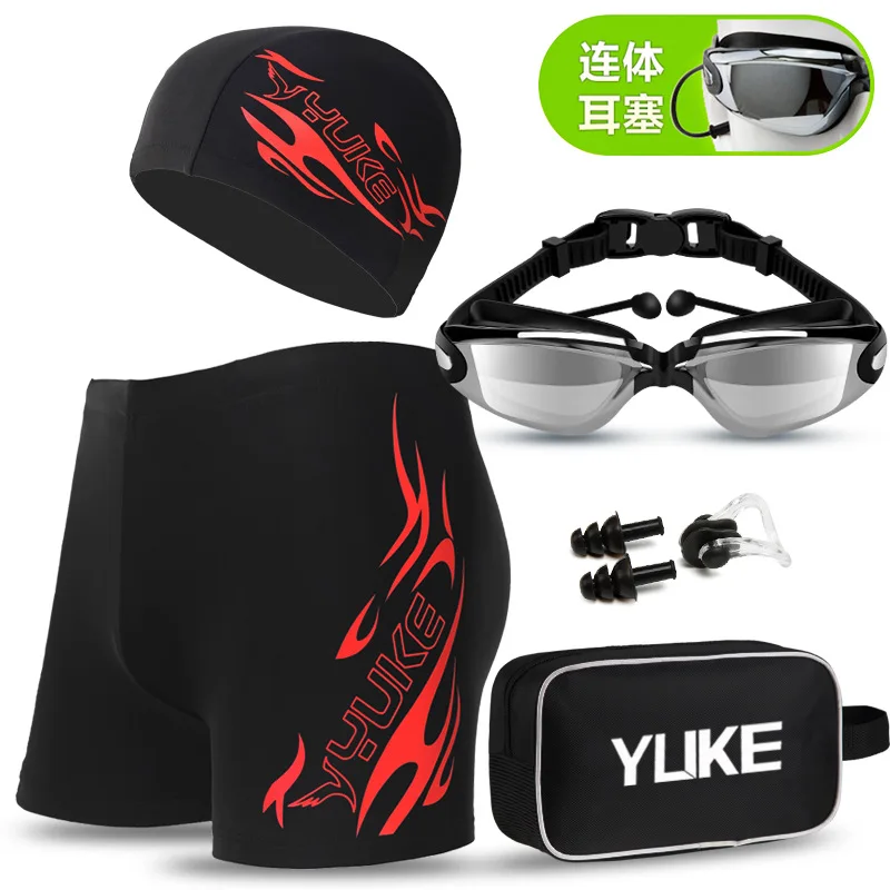 YUKE L-5XL Quick Dry Men Print Cap Swimsuit Comfort Adult Swimwear Swimming Goggles Cap Set Trunks Hat Eyewear Spa Bathing Suit