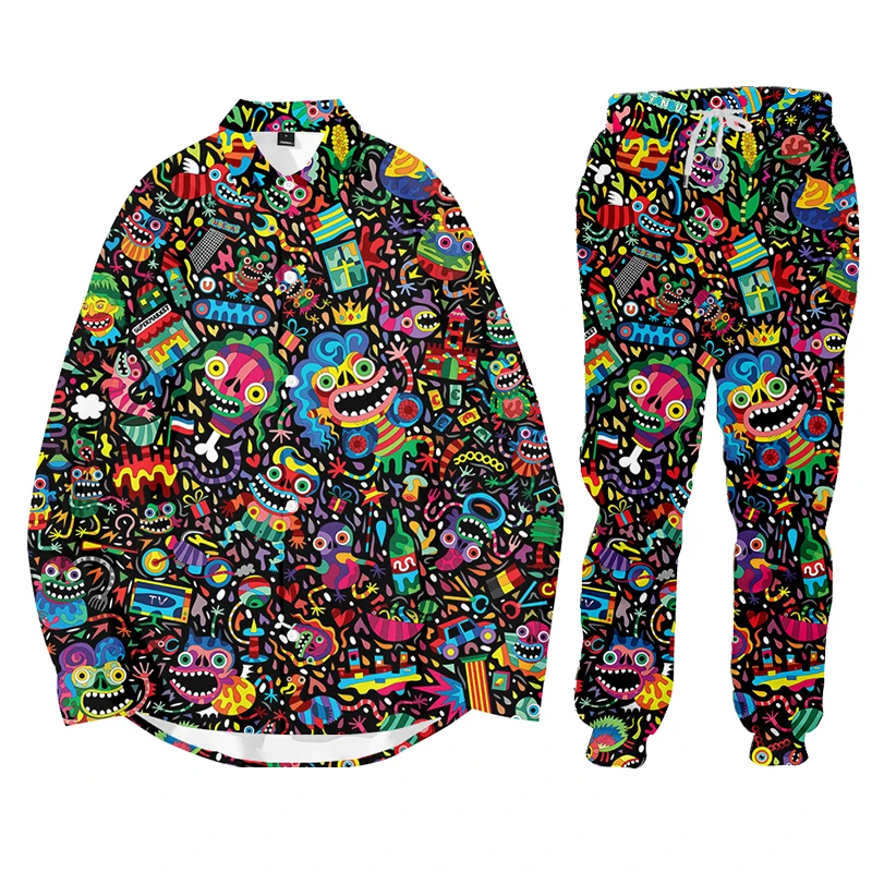 Sudadera con capucha Doodle Monster para hombre, traje con capucha, ropa deportiva de gran tamaño para correr, pantalones de manga larga, estampado