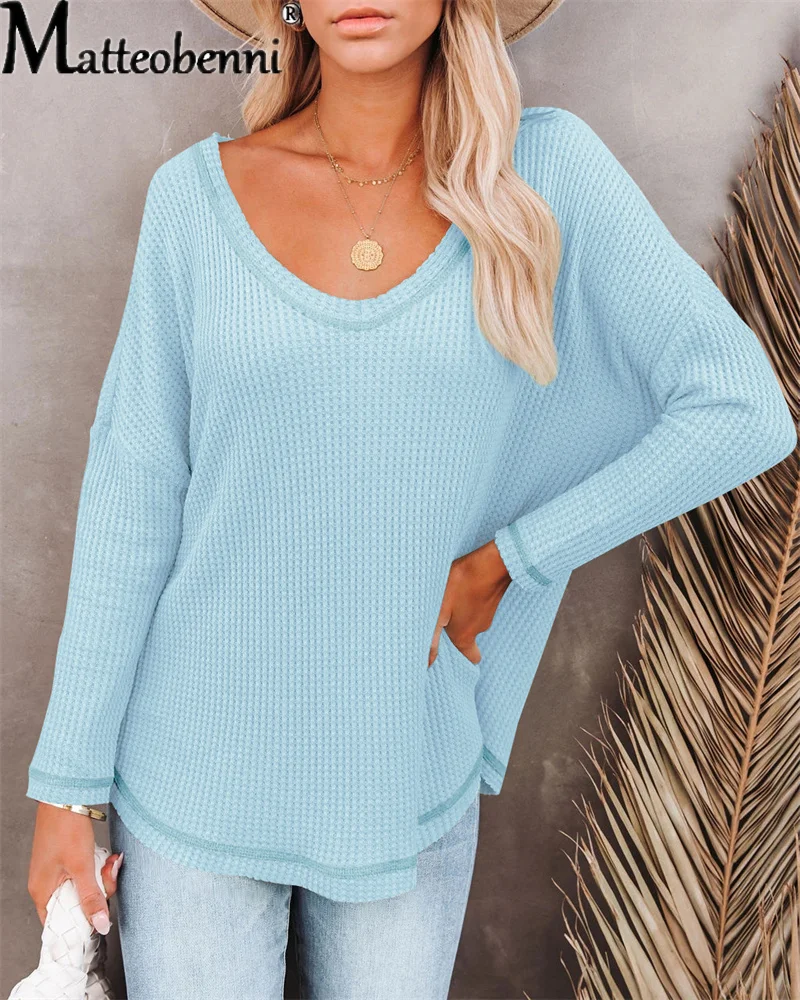 2021 Spring And Autumn Loose Waffle T-Shirt New Irregular Solid Color Tee V-Neck Long Sleeve Women's Tops Hot Style Casual Tops