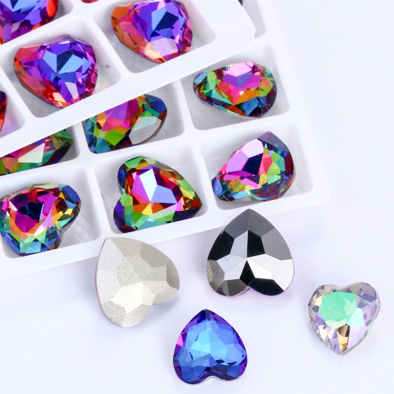 8/10/12/14mm Heart Rhinestone Jewelry Gemstones Plated K9 Glass Crystal Sapphire Stone Nail Art Sticker Strass Heart Charms