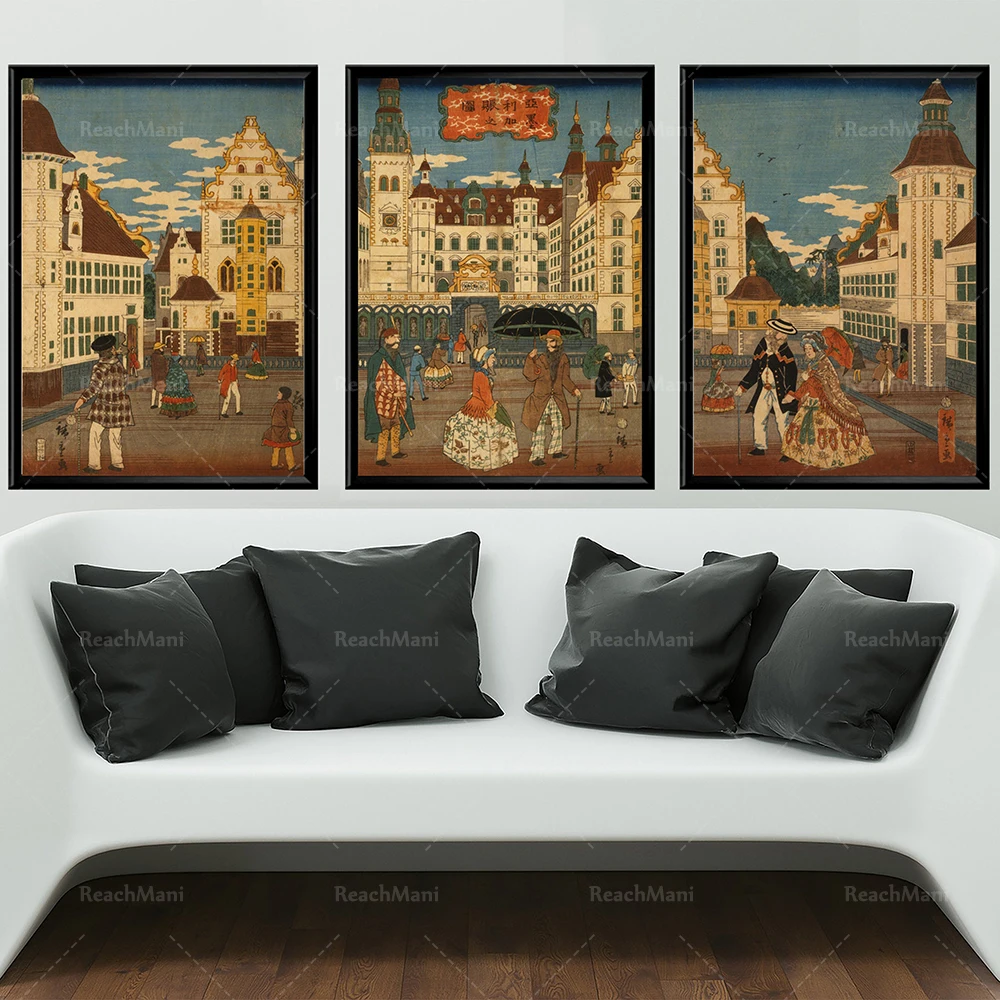 Triptyque japonais Old Urban Architecture Affiches Retro American City Square Antique Architecture Japanese Wall Poster