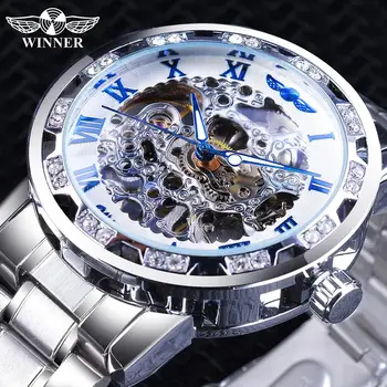 Winner Skeleton Dial fashion diamond watch white silver sports watch stainless steel band luminous hand luxury brand man watch