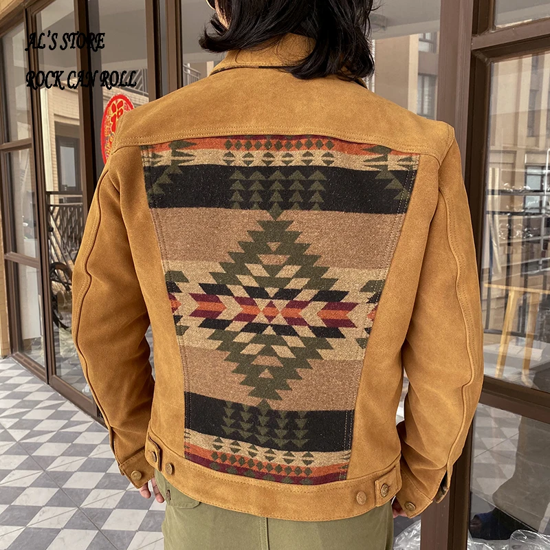 RockCanRoll XW389, lectura de descripción Abrigo de súper calidad de cuero genuino de gamuza de vaca y lana de vaca, chaqueta de Navajo duradera