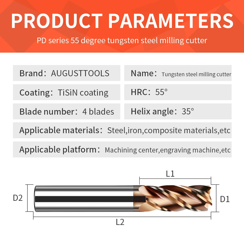 Augt HRC55 Carbide End Mill 4 Fluiten Koper Frees Legering Coating Wolfraam Staal Snijgereedschap Voor Cnc Maching Endmills