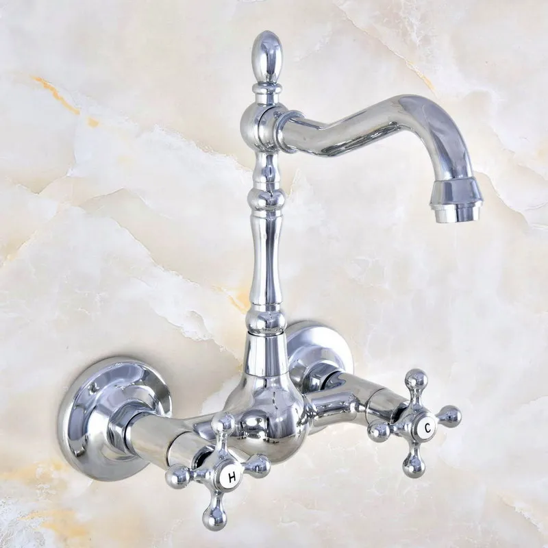 Polished Chrome Brass Wall Mounted Bathroom Kitchen Sink Faucet Swivel Spout Mixer Tap Dual Cross Handles mnf582