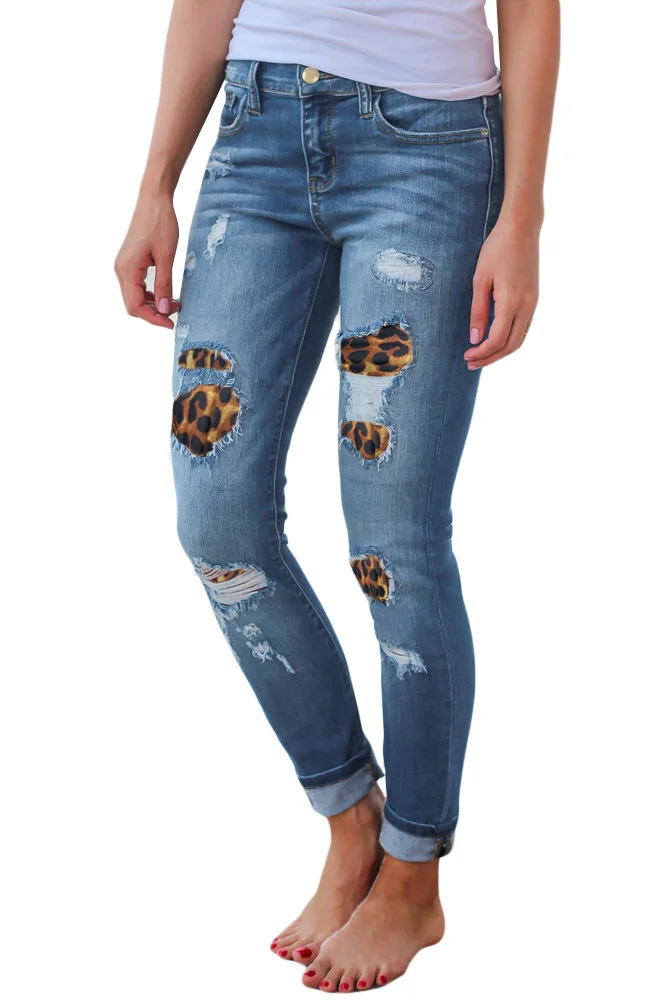 Venda imperdível calças jeans femininas rasgadas estampa de leopardo fashion stretch skinny jeans calças lápis casual de rua calças jeans hipster da moda