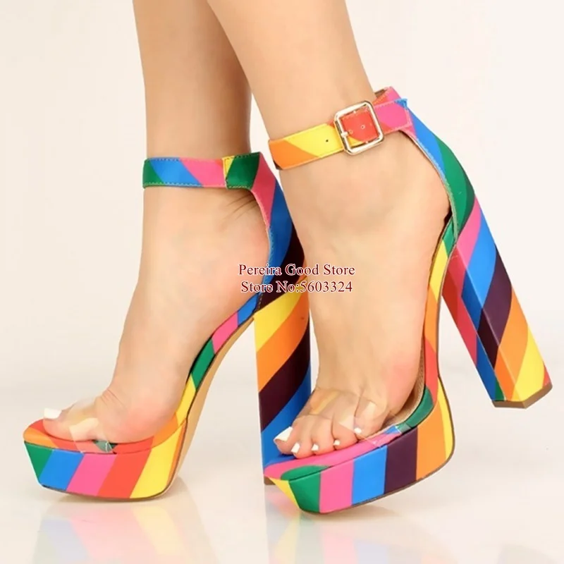 

Peep Toe Clear PVC Strap Summer Shoes Rainbow Striped Chunky High Heels Sandals High Platform Gladiator Sandals Drop Ship