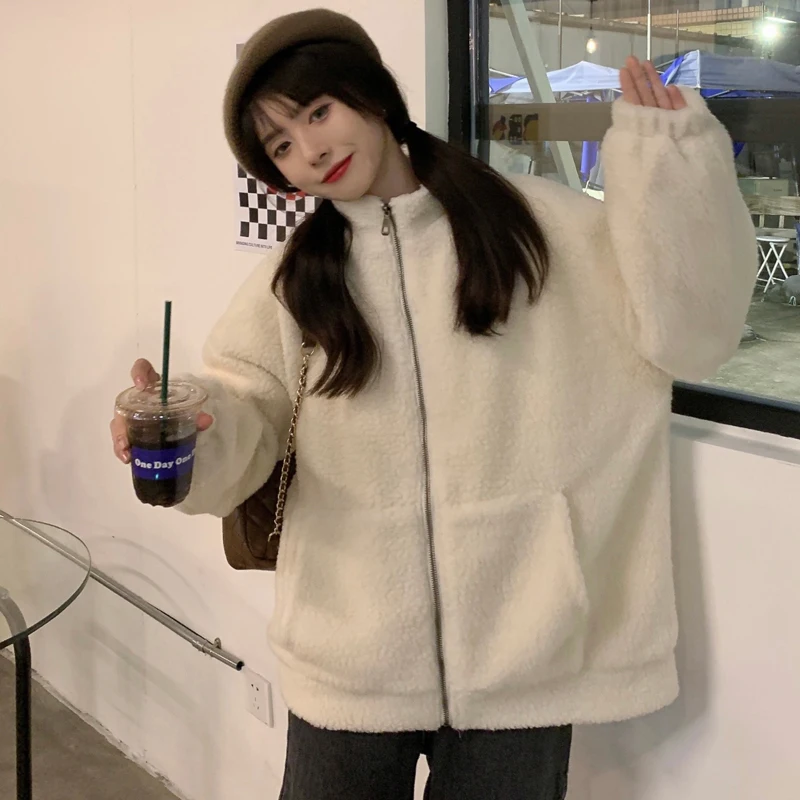 KOSAHIKI 2024 Autumn Winter New Fur Coat Womens Cartoon Bear Embroidery Lamb Wool Ladies Faux Jacket Japanese Harajuku