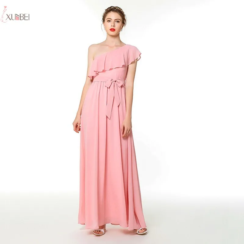 Robe longue de demoiselle d'honneur rose en mousseline, robe d'invité de mariage, élégante, asymétrique épaule dénudée, bon marché, 2019