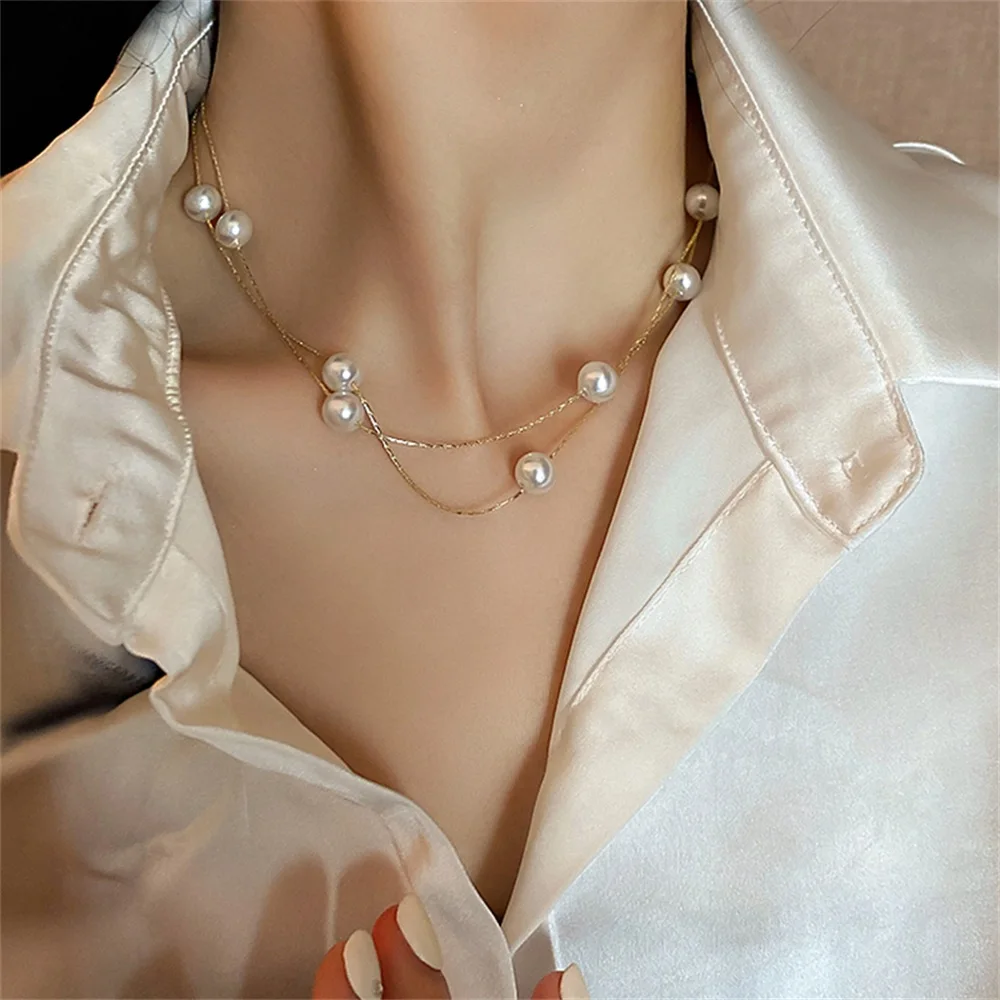 FNIO 2021 New Fashion Pearl Chains Choker Necklace Cute Double Layer Women\'S Neck Chain Pendant For Women Jewelry Girl Gift