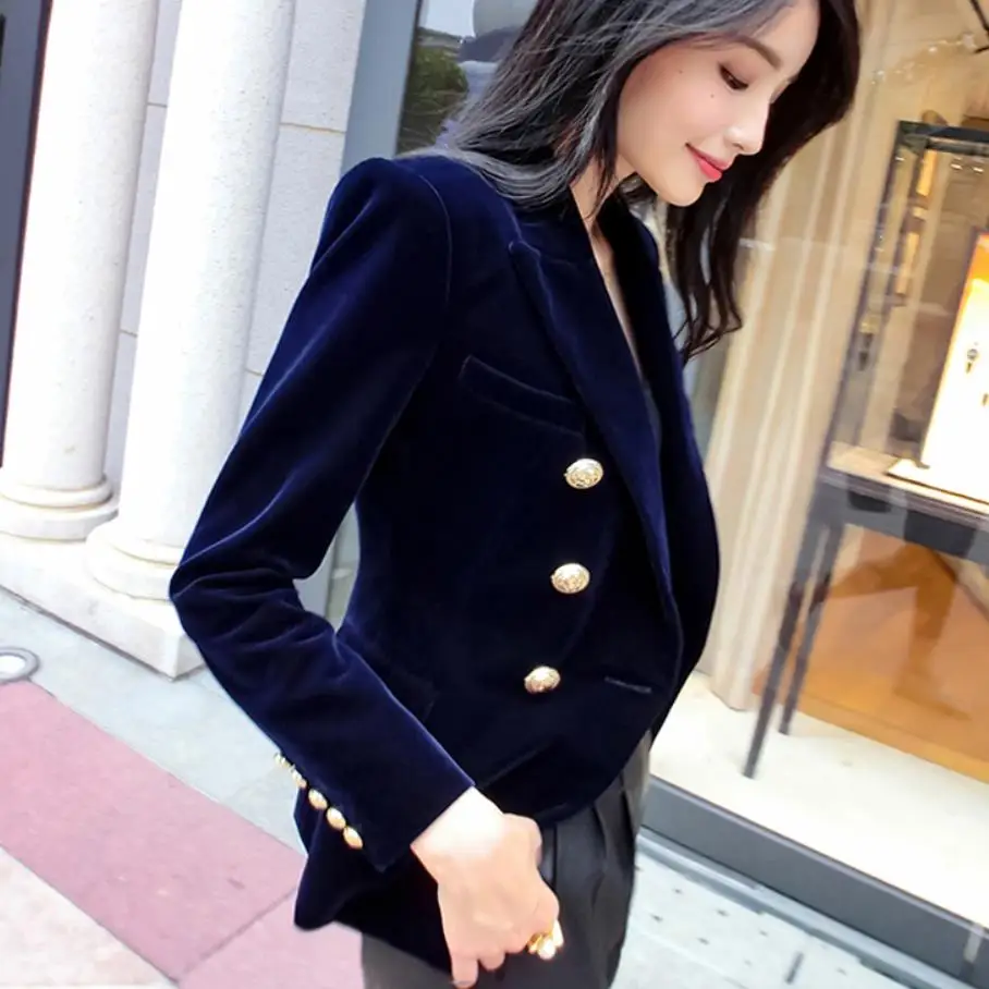 Blazer in velluto autunnale OL giacca formale piccola da donna Blazer da donna a maniche lunghe Slim feminino Women Gold Button *