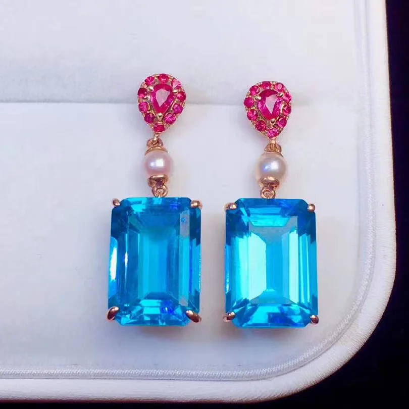 New Fashion Simulation Square Squamarine Topaz Red Corundum Earrings For Women Elegant Rose Gold Color Earring