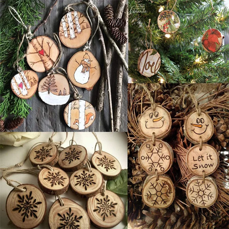 10Pcs Natural Pine Wood Slices DIY Craft Unfinished Wood Kit Predrilled with Hole Circles Arts Party Christmas Ornaments 3-6CM