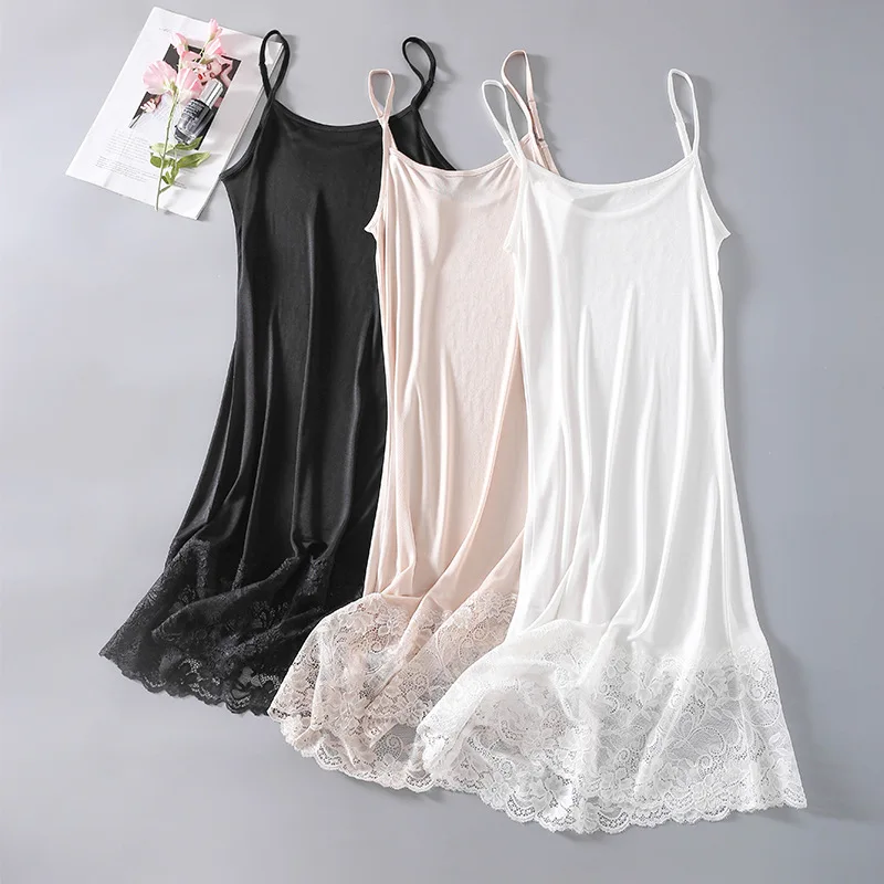 Women\'s 30% Real Silk 70% Viscose Full Slip Lace Chemise Nightdress Sleepwear Adjustable Strap 3036