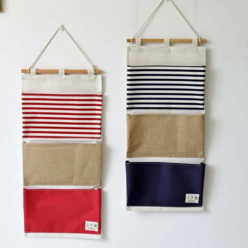 Multi-Function Striped Splicing Storage Bag, Sundry Hanging Bag, Wall Bag, 3 Pockets