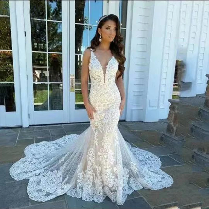 vestidos de novia de sirena de marfil, Apliques de encaje, tul, con tren, escote Corazón, tirantes finos, Vintage