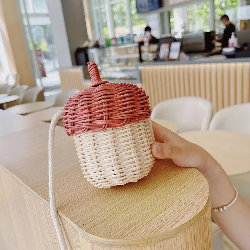 Cute Woven Acorn Bag Children's Bag 2021 New Mini Hit Color Summer One-Shoulder Straw Woven Female Bag Messenger Bag