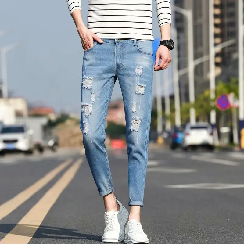 

Spring Summer 2022 New Style Ripped Beggar Personality Small Feet Jeans Male Student Korean Slim Teenagers Thin Cropped Trousers