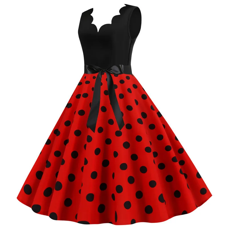 Polka Dot Print Women Summer Dress Black Patchwork Sleeveless V Neck Elegant Vintage Party Casual Midi Dress
