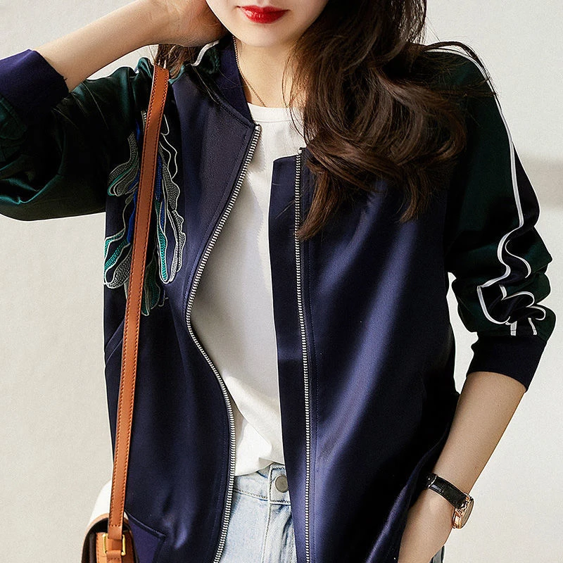 

Embroidered Baseball Jacket for Women, All Match Coat, Stand-up Collar, Loose, Zipper, Fashionable, Autumn, New