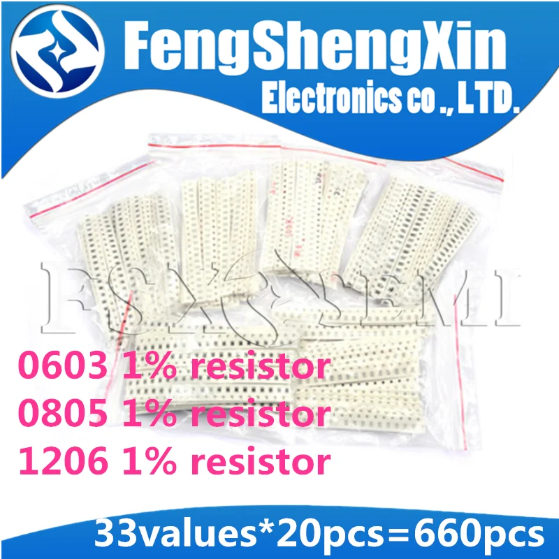 33values X20pcs=660pcs 0603 0805 1206 SMD Resistor Kit Assorted Kit 1R 1ohm-1M ohm 1% Sample Kit New  1K 10K  100K 200K  680R