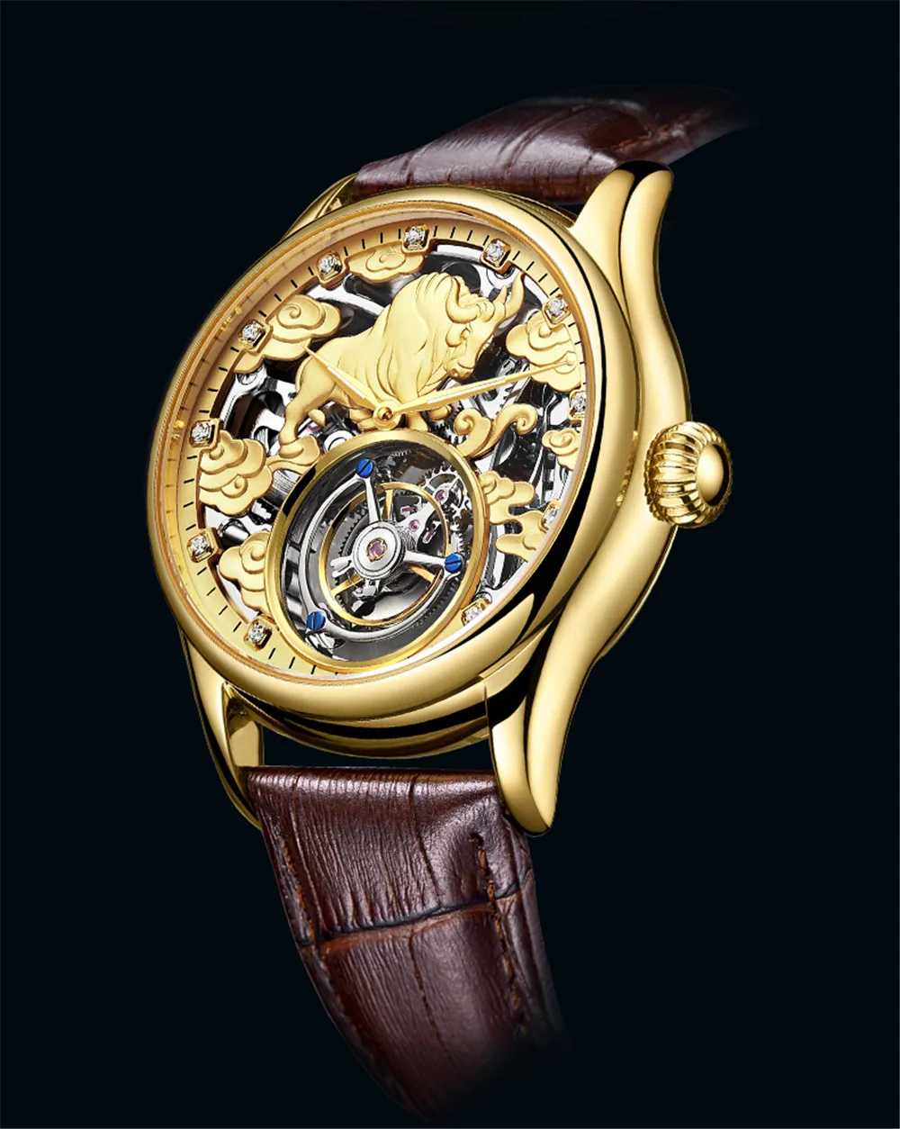 AESOP Men's Skeleton Real Tourbillon Mechanical Hand Wind Wrist Watch Hollow Luminous Cow Dial Brand Sapphire Crystal Wristwatch