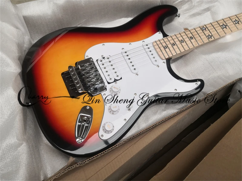 Custom Ordering  star electric guitar,6 strings sunburst guitar,ssh pickups,tremolo bridge,white pickguard,stars inlay