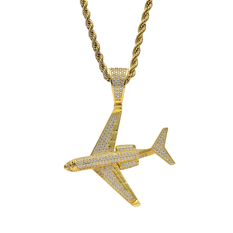 

Hip Hop AAA Cubic Zirconia Bling Iced Out Aircraft Pendants Necklace for Men Rapper Jewelry Gold Silver Color Drop Shipping