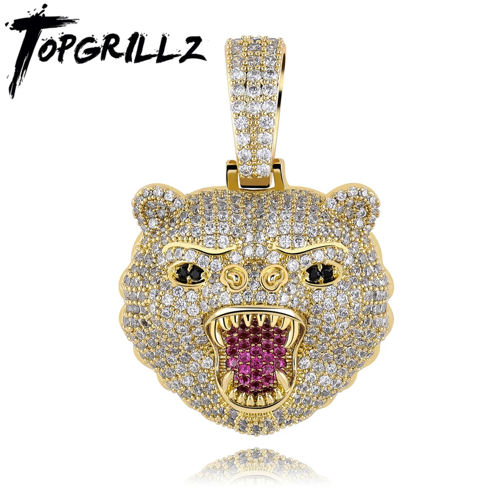 

TOPGRILLZ New Fashion Hip Hop Jewelry Beast Bear Animal All Iced Out Pendant Necklace With 4MM Tennis Chain For Men Gift