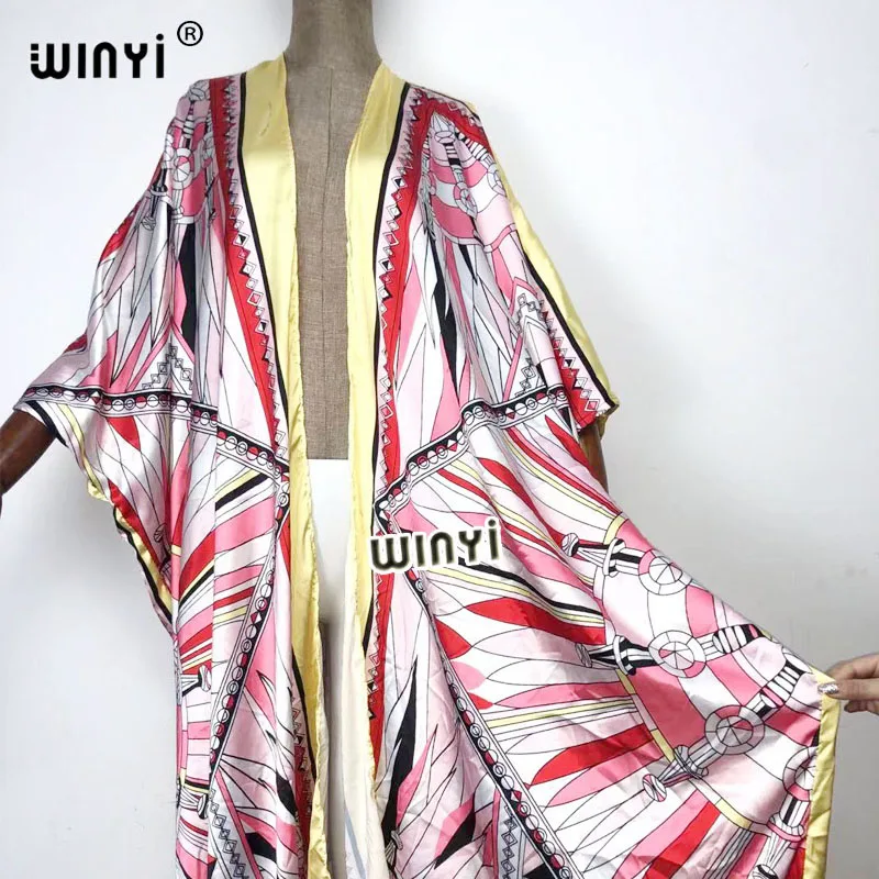 Middle East Summer Women Cardigan sukienka robe superior quality Boho Maxi abaya  Holiday Batwing Sleeve Silk Robe